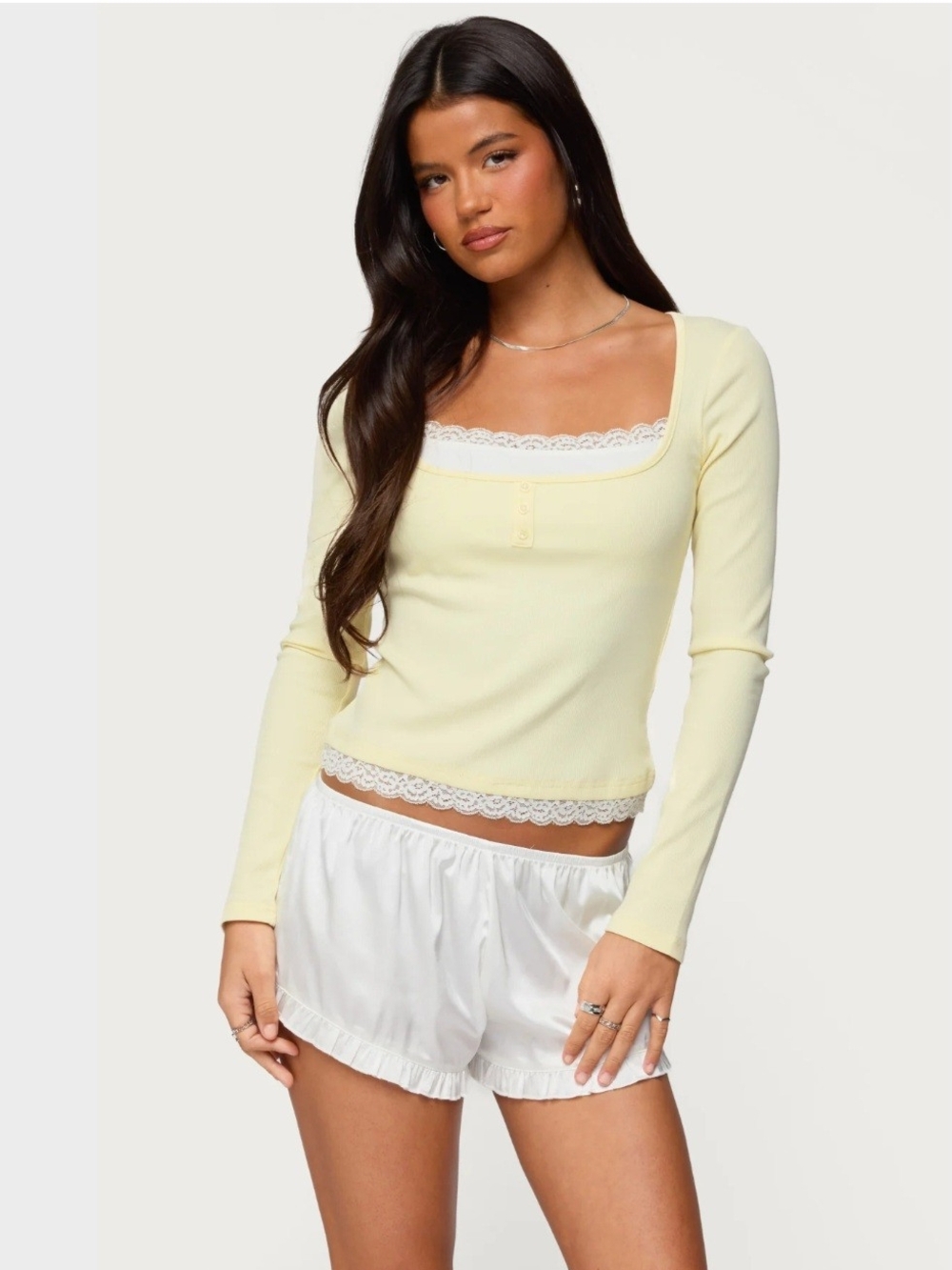 Edikted Joana Layered Lacey Henley Long Sleeve Crop